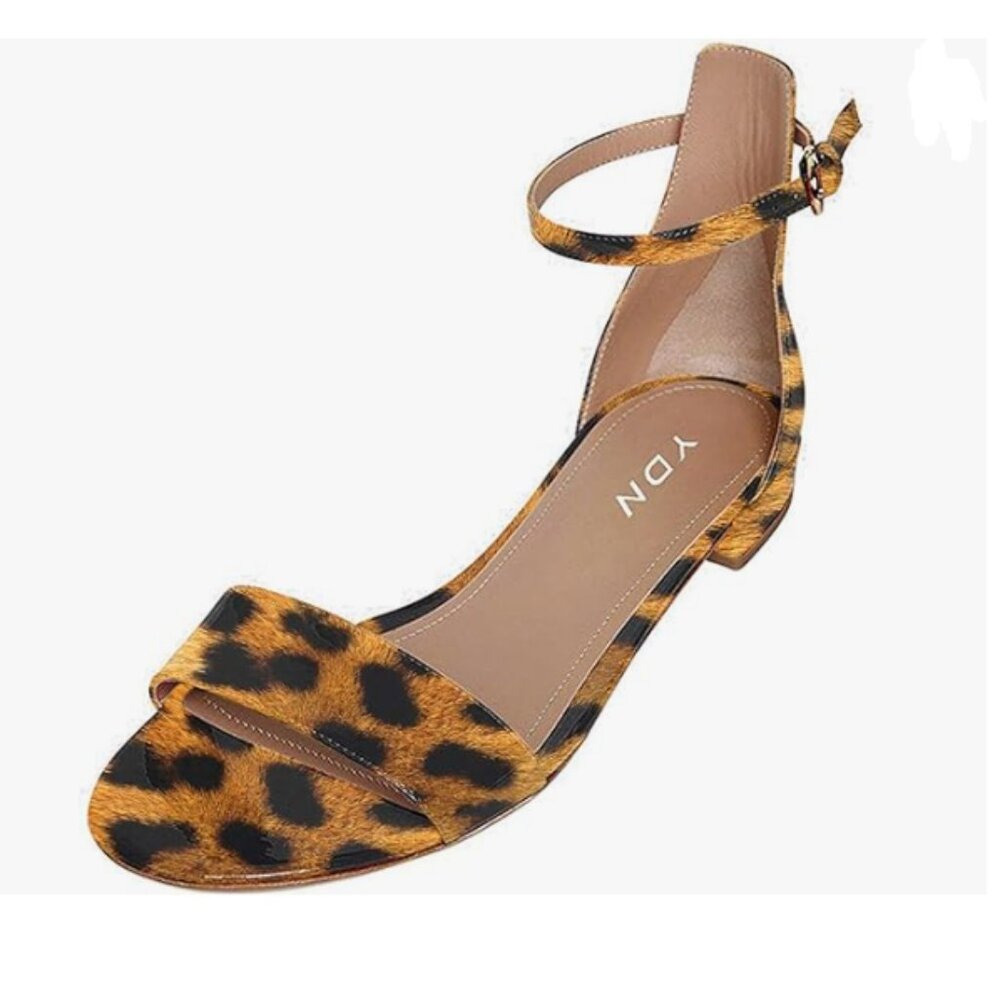 YDN Leopard Block Low Heel Sandals Open Toe Ankle Strap Comfortable Walking Shoe